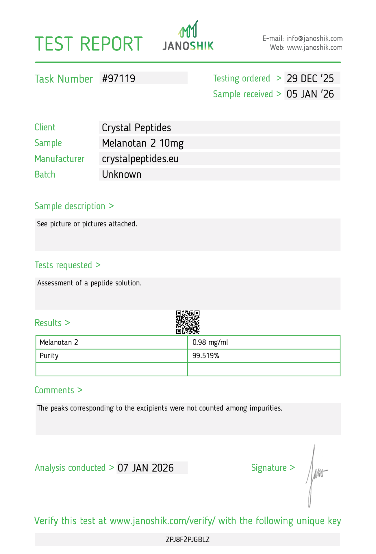 MT-2 (10mg/10ml) Purity & Identity Labortest